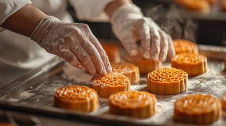 A chef carefully arranges a mooncake on a tray, showcasing intricate patterns with flour-dusted hands, preparing for a festive Chinese New Year celebration.の素材