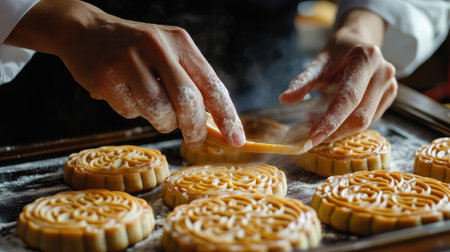 A chef carefully arranges a mooncake on a tray, showcasing intricate patterns with flour-dusted hands, preparing for a festive Chinese New Year celebration.の素材