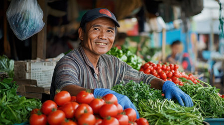 A cheerful worker in gloves and a cap arranges vibrant tomatoes and greens at a market stall, showcasing fresh produce in a lively setting.の素材