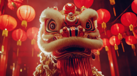 A colorful lion dance costume with intricate details stands against a background of red lanterns, embodying the festive spirit of Chinese New Year celebrations.の素材