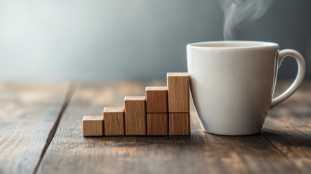 A coffee cup beside a bar chart made of wooden blocks, symbolizing the growth and progress of a business in a sleek, modern workspace environment.の素材