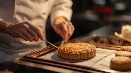 A chef places a mooncake on a tray, showcasing intricate designs and delicate artistry, as they prepare for a traditional Chinese New Year celebration.の素材