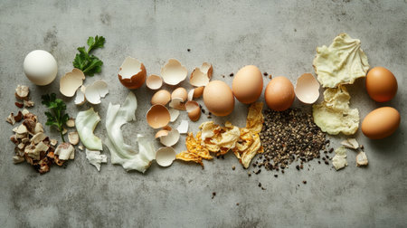 A collection of food scraps, including eggshells, vegetable peels, and seeds, arranged on a gray surface, promoting organic composting and eco-friendly living.の素材