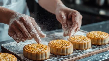A chef carefully places a mooncake on a tray, showcasing intricate designs with flour dusting their hands, capturing the artistry of Chinese New Year traditions.の素材