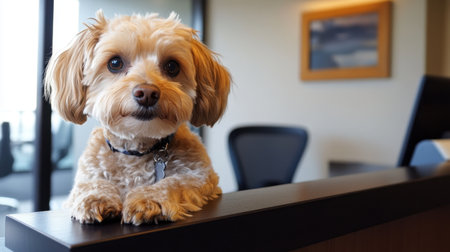 A cute dog sitting at a sleek desk in a modern office, with its attentive gaze capturing the cozy, welcoming vibe of a contemporary work environment.の素材