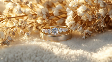 A gold wedding ring with diamonds and a silver band resting on a soft surface with dried flowers, representing a beautiful commitment in an elegant setting.の素材