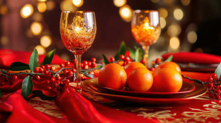 A luxurious combination of red fabric, fresh oranges, and shimmering gold accents sets the stage for a warm and festive Chinese New Year ambiance.の素材