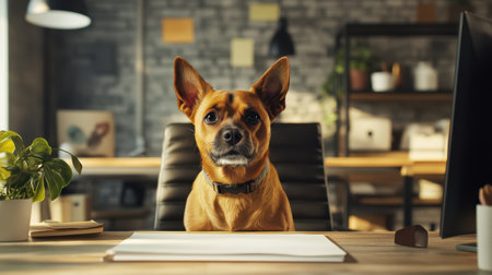 A curious dog sits at a desk in a modern office environment, showcasing a fun, playful contrast to the professional workspace.の素材
