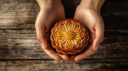 A pair of hands gently holds a golden-brown mooncake on a rustic wooden surface, highlighting its craftsmanship for Chinese New Year celebrations.の素材