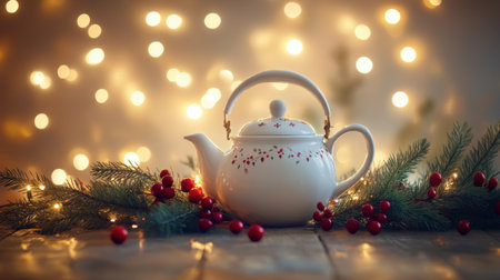 A delicate white teapot, accented with pine greenery and red decorations, sits before a backdrop of glowing holiday lights, embodying festive warmth.の素材