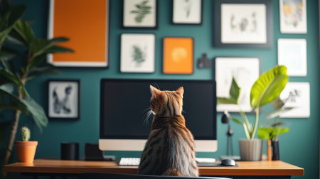 A cute cat sits at a desk in a contemporary office, observing the workspace with curiosity, creating a relaxed and welcoming work atmosphere.の素材