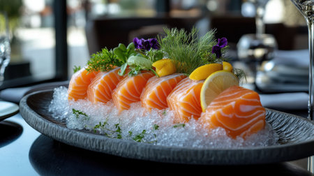 A gorgeous platter of fresh salmon resting on ice, beautifully garnished with herbs and lemon, creating an elegant presentation in a contemporary dining space.の素材