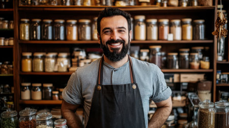 A man with a beard in an apron smiles confidently as he stands in front of shelves filled with jars and spices, adding charm to the shop's warm atmosphereの素材