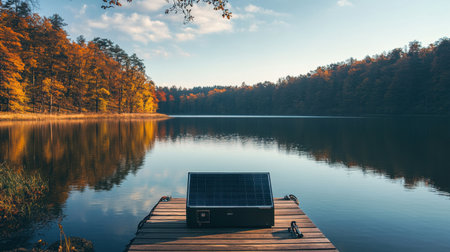 A portable solar power box placed on a dock by a serene lake, with beautiful natural surroundings, showcasing sustainable energy solutions in an outdoor setting.の素材