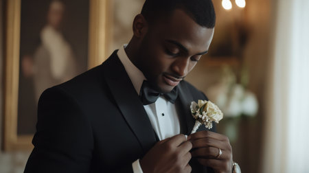A groom adjusts his tailored suit and boutonniere in an elegant setting, ensuring everything is perfect for the wedding ceremony.の素材