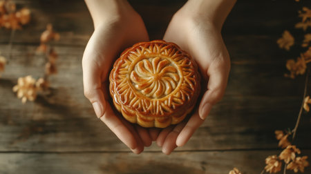 A pair of hands gently holds a golden-brown mooncake on a rustic wooden surface, highlighting its craftsmanship for Chinese New Year celebrations.の素材