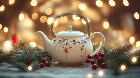 A delicate white teapot, accented with pine greenery and red decorations, sits before a backdrop of glowing holiday lights, embodying festive warmth.の素材