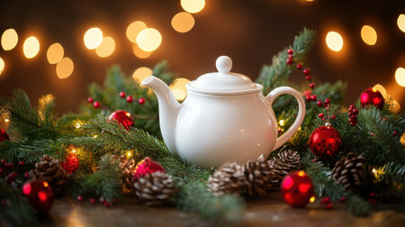 A festive white teapot surrounded by lush pine greenery and vibrant red ornaments rests on a table, with warm holiday lights in the background.の素材