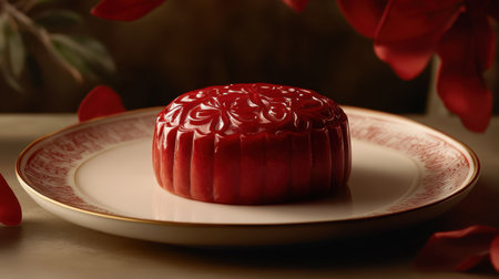 A deliciously crafted mooncake rests on a plate, highlighting its glossy finish and intricate patterns, ideal for celebrating Chinese New Year traditions.の素材