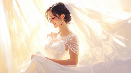 A joyful bride in a white dress with a veil, standing in a bright, softly lit room, capturing her elegance and happiness as she gets ready for the big day.の素材