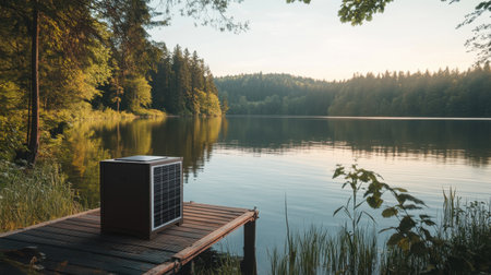 A portable solar power box placed on a dock by a serene lake, with beautiful natural surroundings, showcasing sustainable energy solutions in an outdoor setting.の素材