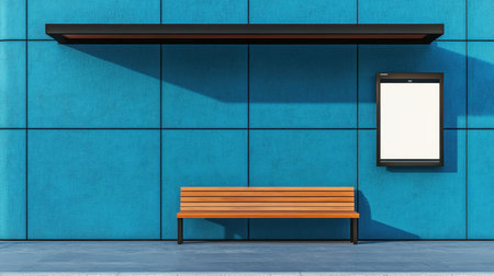 A minimalist bus stop with a wooden bench and empty advertising space, set against a vibrant blue wall, reflecting modern architecture and urban style.の素材