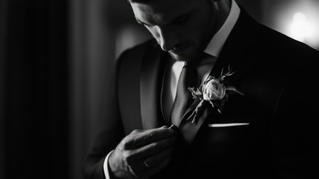 A groom fine-tunes his suit, placing a floral boutonniere on the lapel, with soft lighting enhancing the elegant ambiance of the wedding preparation.の素材