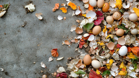 A mix of composting materials including eggshells, vegetable waste, and organic matter, placed on a gray surface, perfect for sustainable composting and gardening.の素材