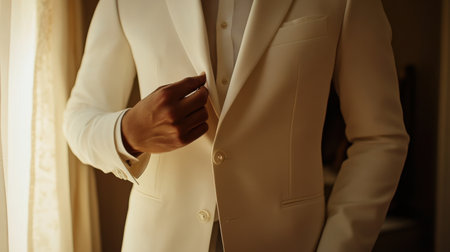 A person adjusts a sleek white blazer, emphasizing the clean lines and refined tailoring, in a softly lit dressing room, preparing for the wedding.の素材