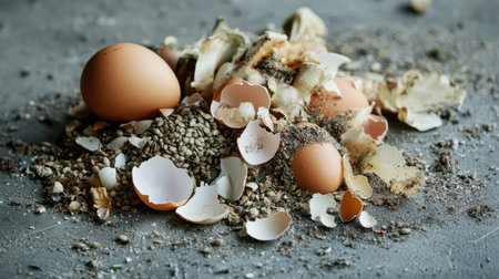 A pile of organic food waste, including eggshells, seeds, and vegetable scraps, on a gray surface, emphasizing sustainability and composting in everyday life.の素材