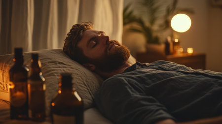 A relaxed man with a beard lies on a pillow in a softly lit room, with ambient lighting and bottles by his side, promoting calm and restful sleep.の素材
