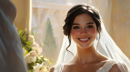 A radiant bride, smiling in her white dress and veil, standing in an elegant, softly lit environment, brimming with excitement and beauty on her wedding day.の素材