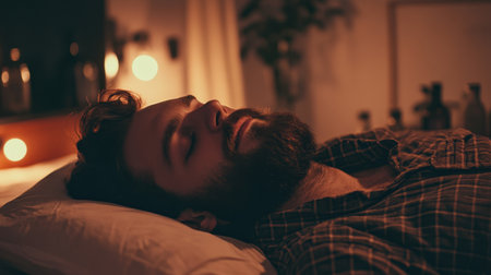 A relaxed man with a beard lies on a pillow in a softly lit room, with ambient lighting and bottles by his side, promoting calm and restful sleep.の素材