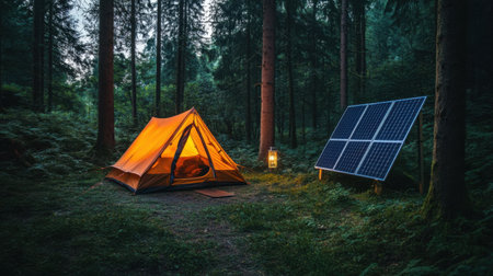 A serene forest setting with an orange tent illuminated by a solar-powered lamp, alongside a solar panel, promoting sustainable camping and green energy use.の素材