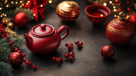 A red tea set with a teapot and cup is displayed on a dark surface, complemented by festive decorations, exuding warmth and elegance for Chinese New Year.の素材