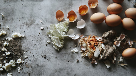 A selection of composting materials like eggshells, vegetable scraps, and organic matter on a gray surface, emphasizing sustainable living and eco-friendly waste disposal.の素材
