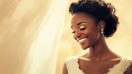 A smiling bride in a white dress, exuding elegance and joy in a softly lit setting, ready to begin her wedding journey.の素材