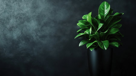 A sleek black planter holds lush green foliage against a dark background, creating a modern and stylish indoor decor aesthetic with clean lines and a minimalist vibe.の素材