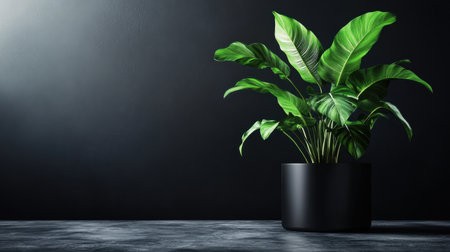 A sleek black planter holds lush green foliage against a dark background, creating a modern and stylish indoor decor aesthetic with clean lines and a minimalist vibe.の素材