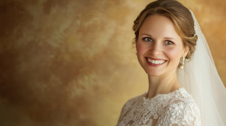 A smiling bride in a white dress with a veil, standing gracefully in a softly lit setting, exuding joy and elegance as she prepares for her wedding day.の素材