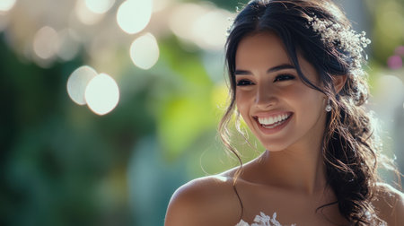 A smiling bride in a white dress, exuding elegance and joy in a softly lit setting, ready to begin her wedding journey.の素材