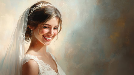 A smiling bride in a white dress with a veil, standing gracefully in a softly lit setting, exuding joy and elegance as she prepares for her wedding day.の素材