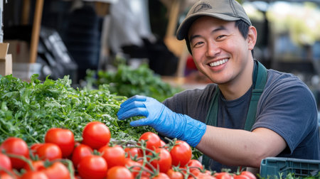 A smiling worker in a cap and gloves arranges fresh tomatoes and greens in a market setting, showcasing vibrant produce and a welcoming atmosphere.の素材