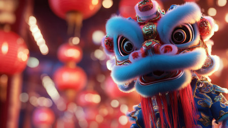A vibrant lion dance costume with detailed embroidery stands against a festive background filled with red lanterns, embodying the joy of Chinese New Year.の素材