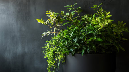 A sleek black planter filled with vibrant green plants contrasts beautifully against a dark backdrop, adding a touch of modern elegance to any indoor decor.の素材