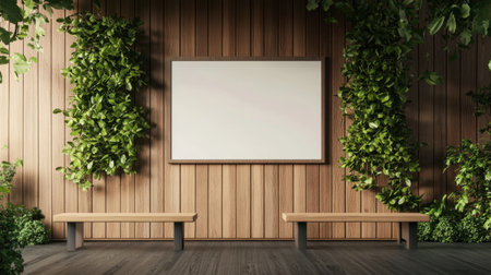 A wooden wall with greenery, two benches, and a blank whiteboard, offering a clean and minimalist design that creates an inviting and modern workspace.の素材