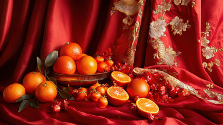 A vibrant scene with red fabric, oranges, and gold accents creates a luxurious and festive display for Chinese New Year celebrationsの素材
