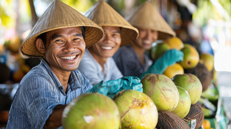 A team of smiling workers in hats and gloves arrange fresh coconuts and other fruits in a market, displaying a colorful and fresh assortment of produce.の素材