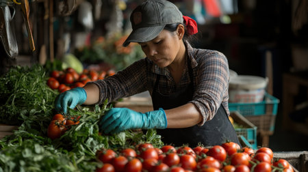 A worker wearing gloves and a cap arranges fresh tomatoes and greens in a market, displaying colorful produce and an inviting setting.の素材