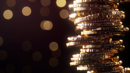 A stack of coins increasing in height, symbolizing growth, finance, and investment, set against a sleek, dark background to highlight business success.の素材